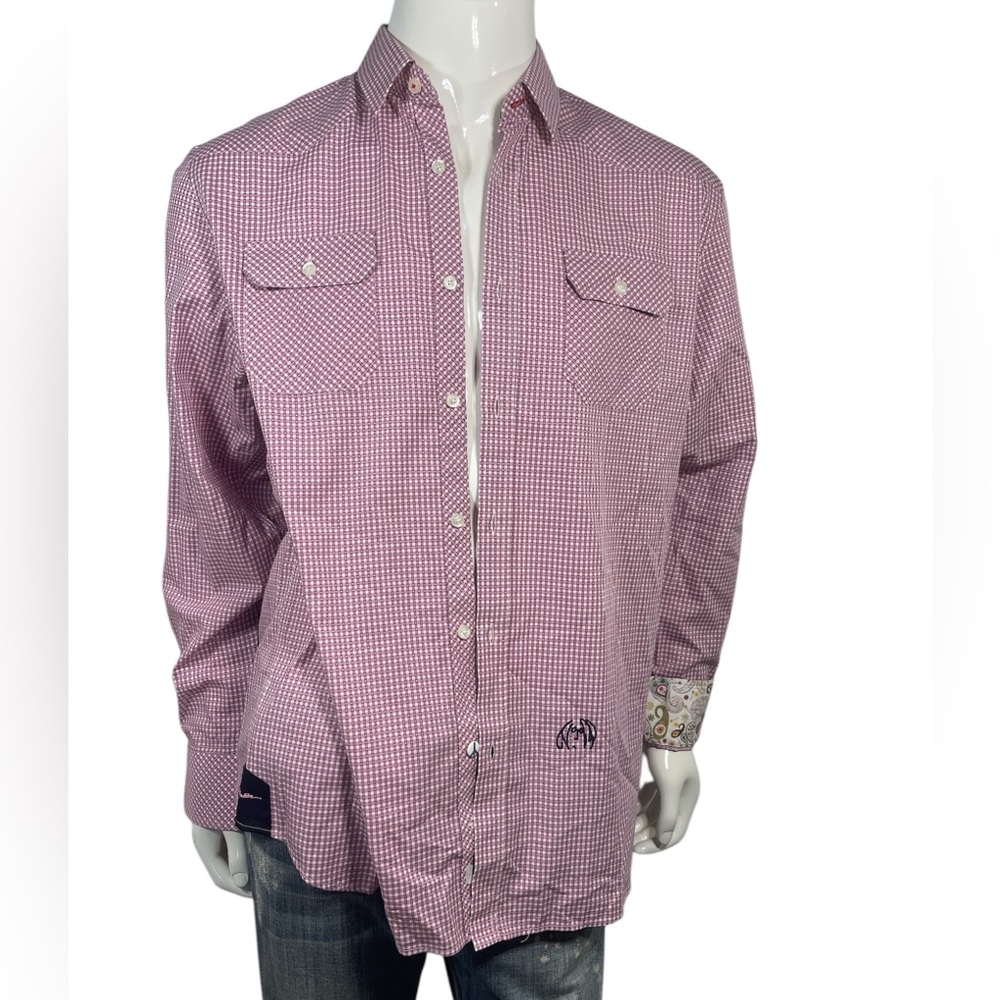 John Lennon The Beatles White/Purple Gingham Long Sleeve Paisley Flip Cuff Shirt